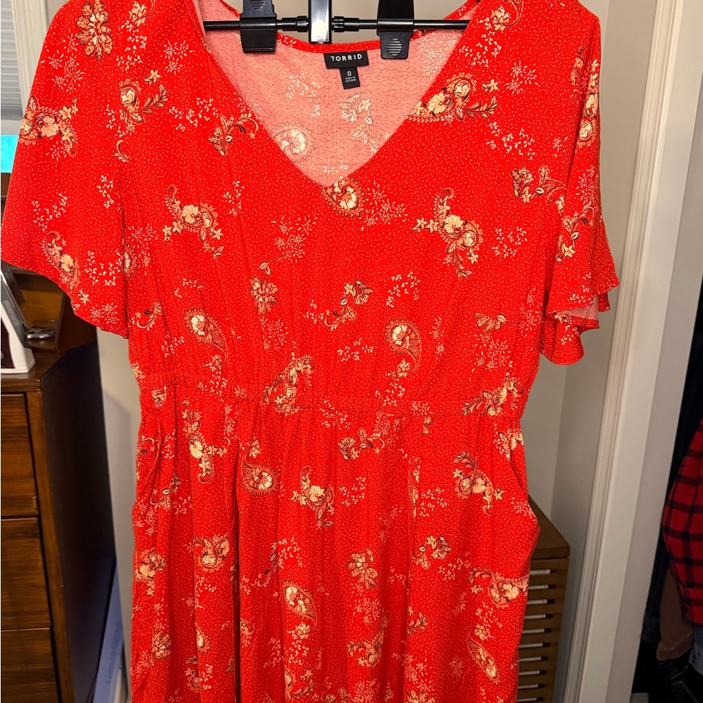 torrid Bright Red Floral Midi Dress with V-Neck
